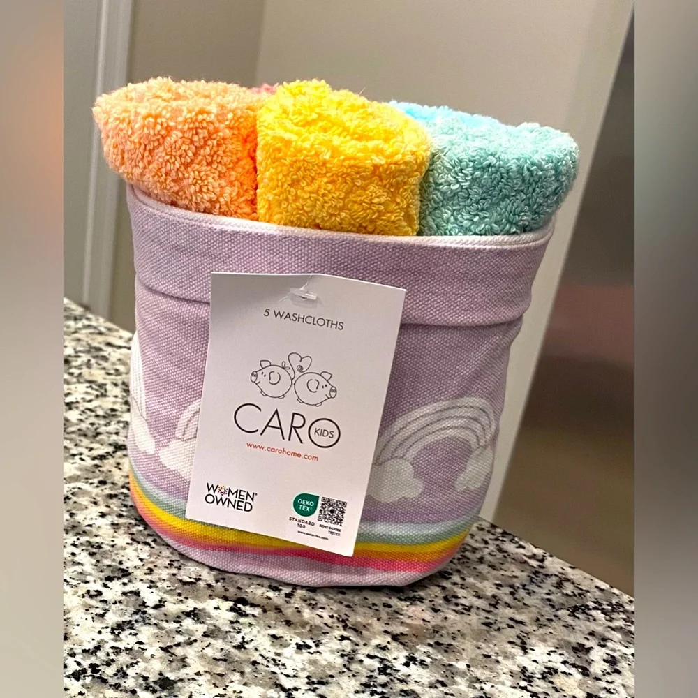 Caro Rainbow Hand Towels in Purple Cloth Basket